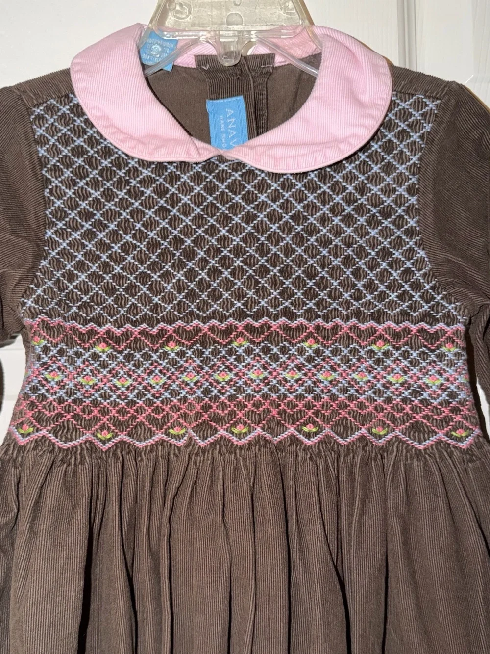 ANAVINI Girls Size 4 Hand Smocked Brown Corduroy Pink Collar Dress